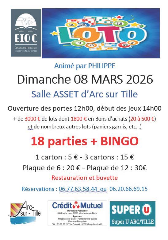 Affiche Loto dimanche 8 mars 2026 à partir de 14h à la salle polyvalente d'Arc-sur-Tille