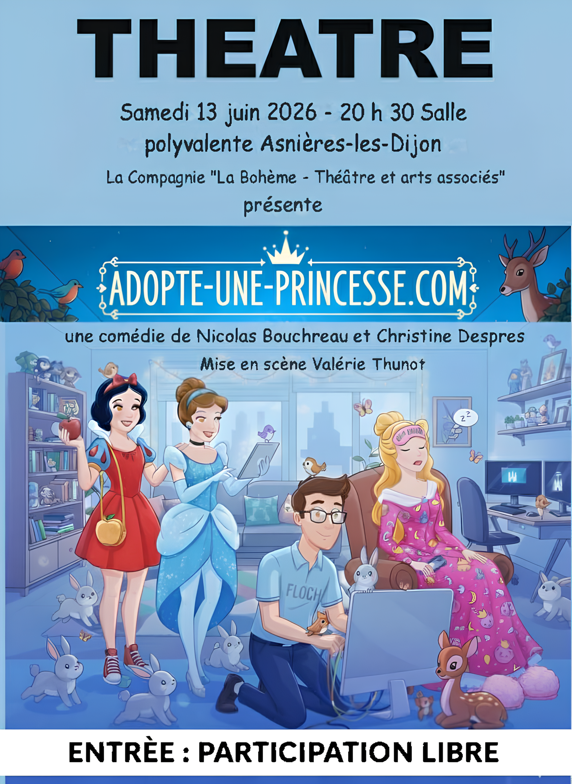 Affiche théâtre Adopte-une-princesse.com samedi 13 juin 2026 à 20h30 à Asnières-lès-Dijon