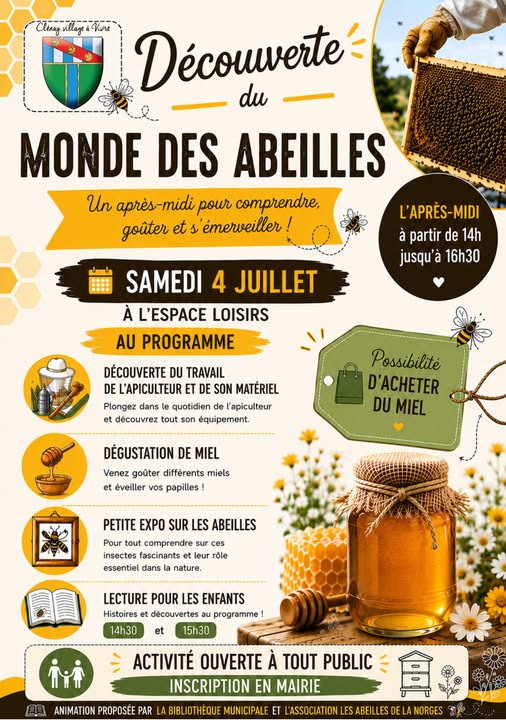 Affiche Découverte du monde des abeilles samedi 4 juillet 2026 de 14h à 16h30 à l'espace loisirs de Clénay